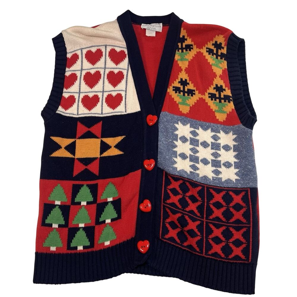 Sweater Loft Knit Vest Size M Christmas Eclectic Holiday Cottage Grandma School
